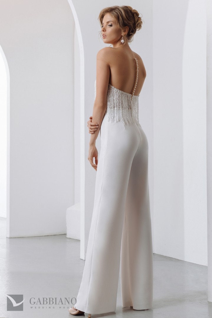 Illusion Sweetheart Neckline Beading Crepe Bridal Jumpsuit Wedding Pants Illusion Open Back Fringe