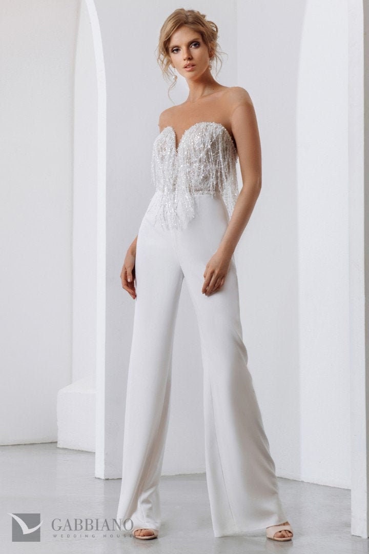 Illusion Sweetheart Neckline Beading Crepe Bridal Jumpsuit Wedding Pants Illusion Open Back Fringe