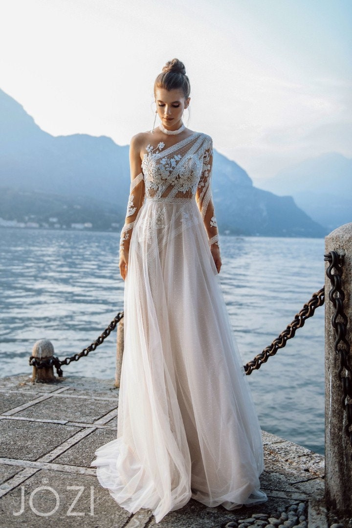 Beautiful Modern Lace Top ALine Wedding Dress Bridal Gown Original Long Sleeves Illusion High Neckline