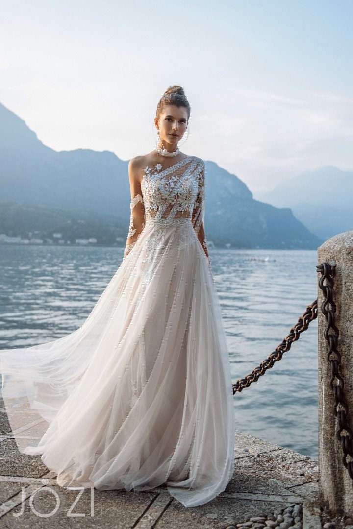 Beautiful Modern Lace Top ALine Wedding Dress Bridal Gown Original Long Sleeves Illusion High Neckline