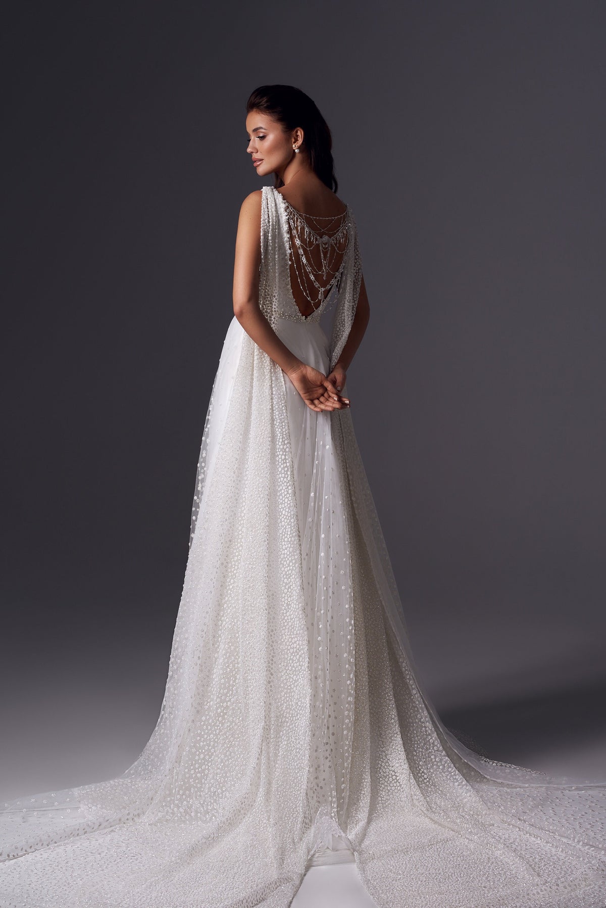 Polka Dot Sparkle Open Beaded Back Sleeveless ALine Wedding Dress Bridal Gown Detachable Cape Veil Plus Size Custom