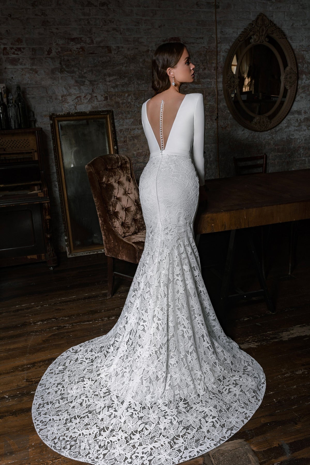 Long Sleeve Crepe Fitted Sexy Deep V Neckline Mermaid Fit and Flare Wedding Dress Bridal Gown Lace Skirt with Train and Illusion Open Back