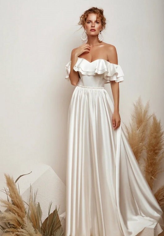 Slinky Boho ALine Off The Shoulder Open Back Sleeveless Strapless Exposed Shoulders Wedding Dress Bridal Gown Simple Minimalist