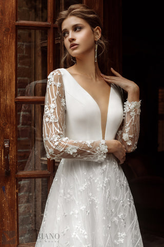 Aline Long Sleeve Wedding Dress, Plunge Neckline with Train and Floral 3D Flower Lace Wedding Dress Bridal Gown Open Back Satin Dress