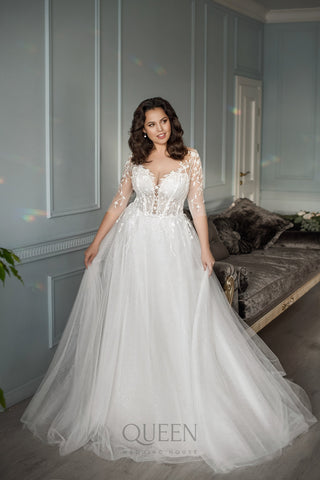 Beautiful ALine 3/4 Sleeve Plunge Neckline Sparkle Floral Lace Wedding Dress Bridal Gown Plus Size with Train and Corset