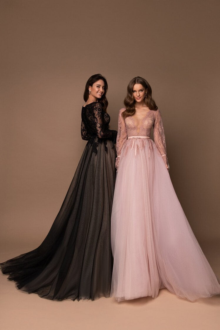 Unconventional Black Aline Long Lace Sleeves Wedding Dress Bridal Gown Train Deep V Neckline Romantic Design Boho Style