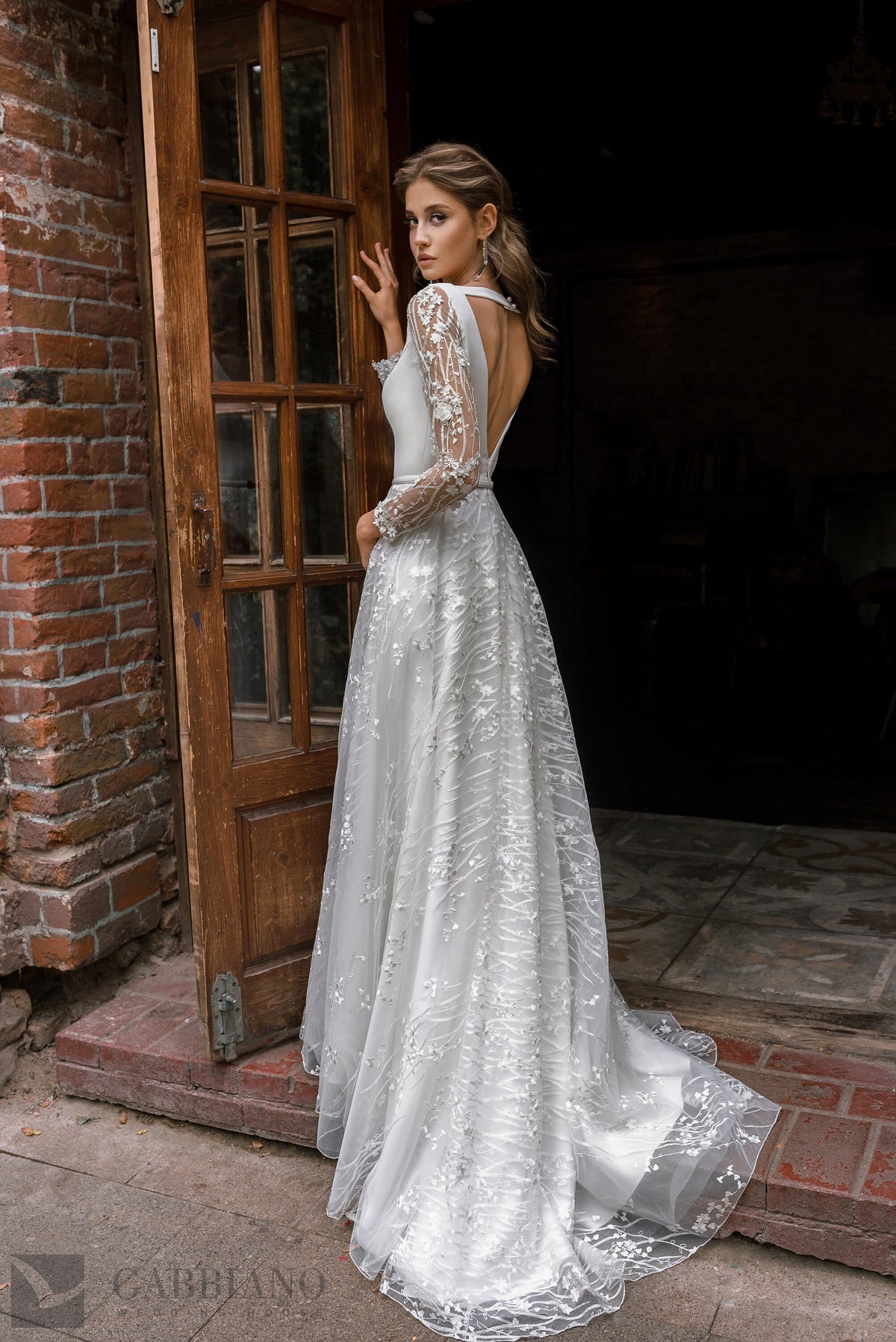 Aline Long Sleeve Wedding Dress, Plunge Neckline with Train and Floral 3D Flower Lace Wedding Dress Bridal Gown Open Back Satin Dress