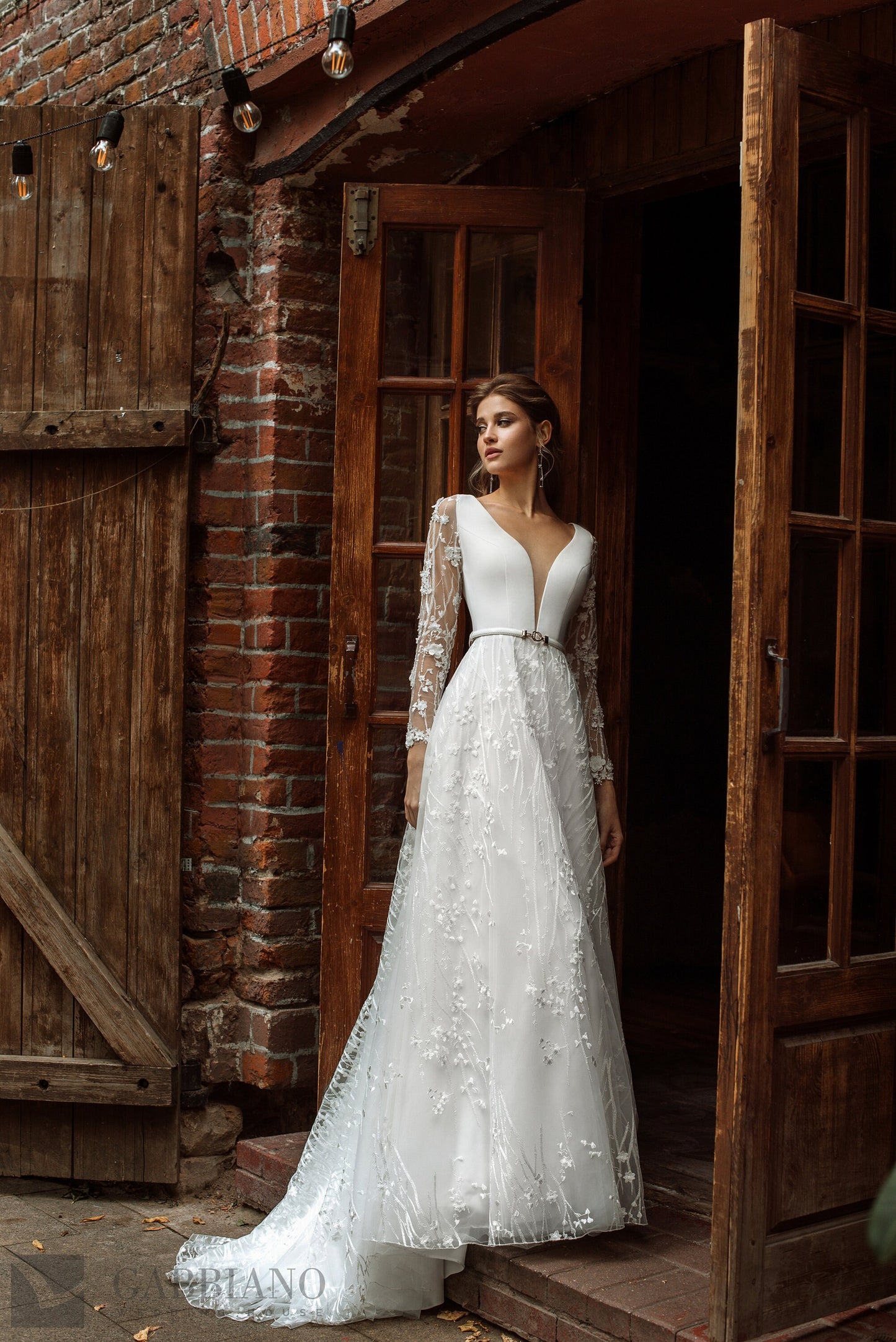 Aline Long Sleeve Wedding Dress, Plunge Neckline with Train and Floral 3D Flower Lace Wedding Dress Bridal Gown Open Back Satin Dress