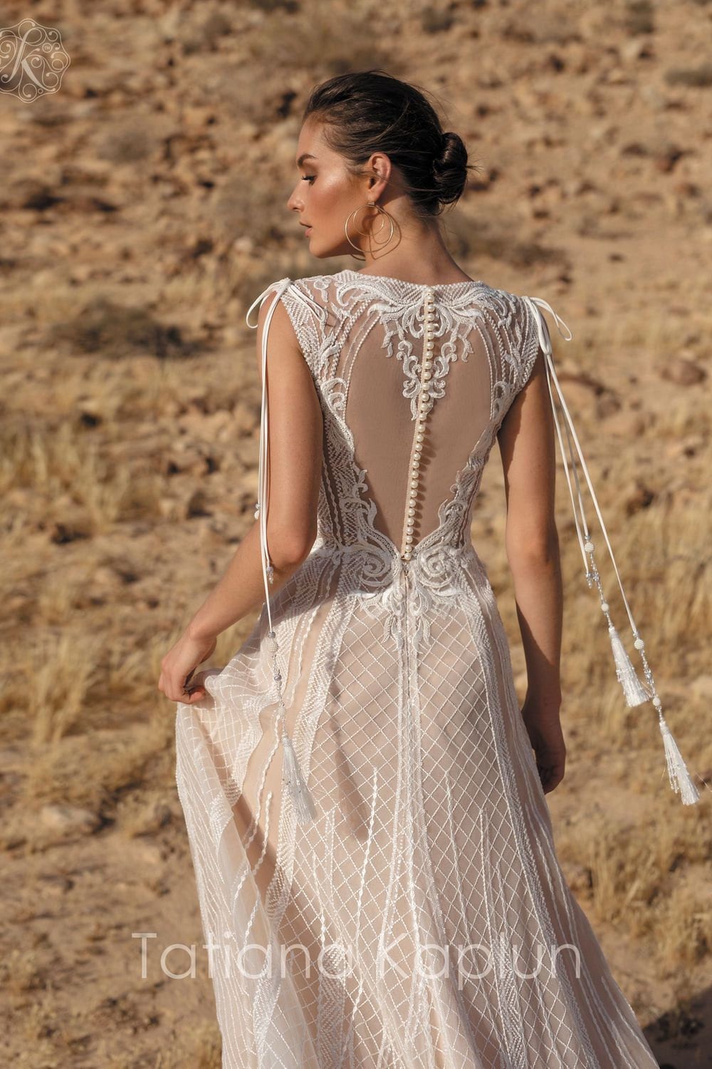 Boho ALine Ivory Lace Wedding Dress Tassel Sheer Illusion Bodice Sleeveless High Neckline Wedding Dress Buttons boho Style Bridal Gown