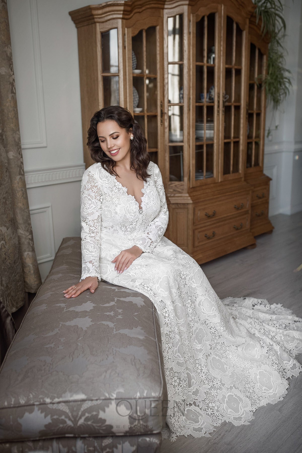 Beautiful ALine Long Sleeve All Over Lace Macrame Deep V Neckline Wedding Dress Bridal Gown with Lace Train and Corset Long Sleeve
