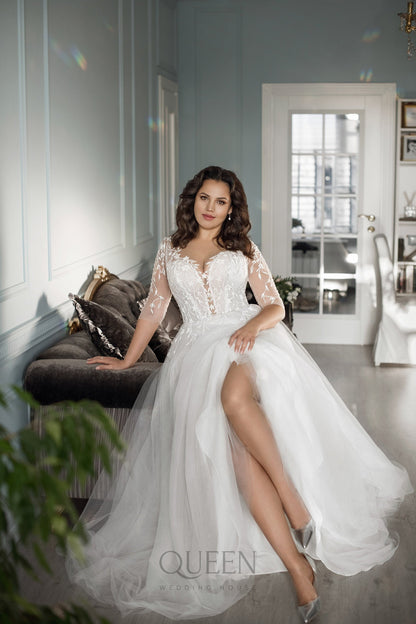 Beautiful ALine 3/4 Sleeve Plunge Neckline Sparkle Floral Lace Wedding Dress Bridal Gown Plus Size with Train and Corset