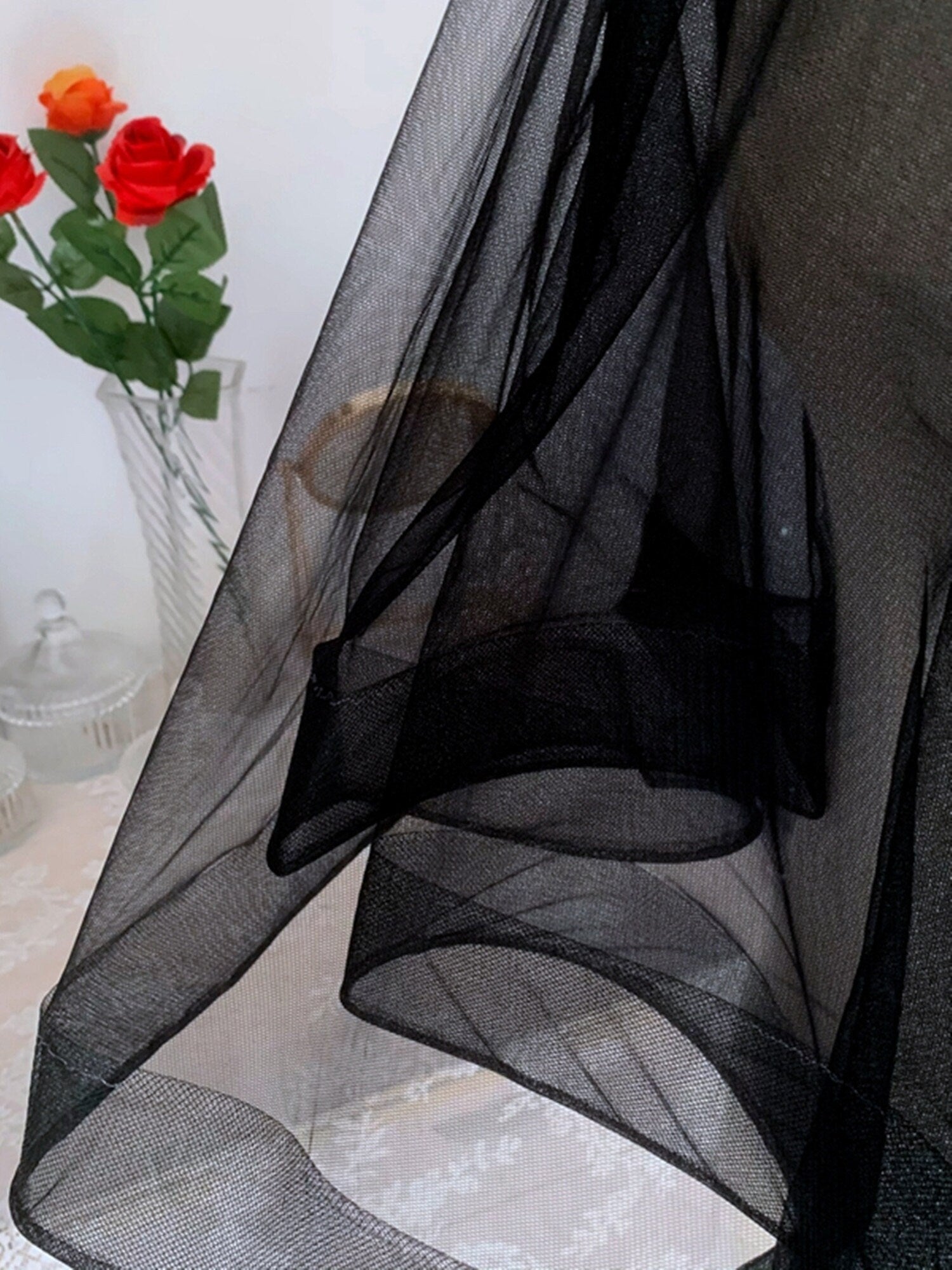 Unconventional Gothic Black Bridal Veils Soft Tulle Fingertip Wedding Veil Luxury 5 feet Horsehair Edge