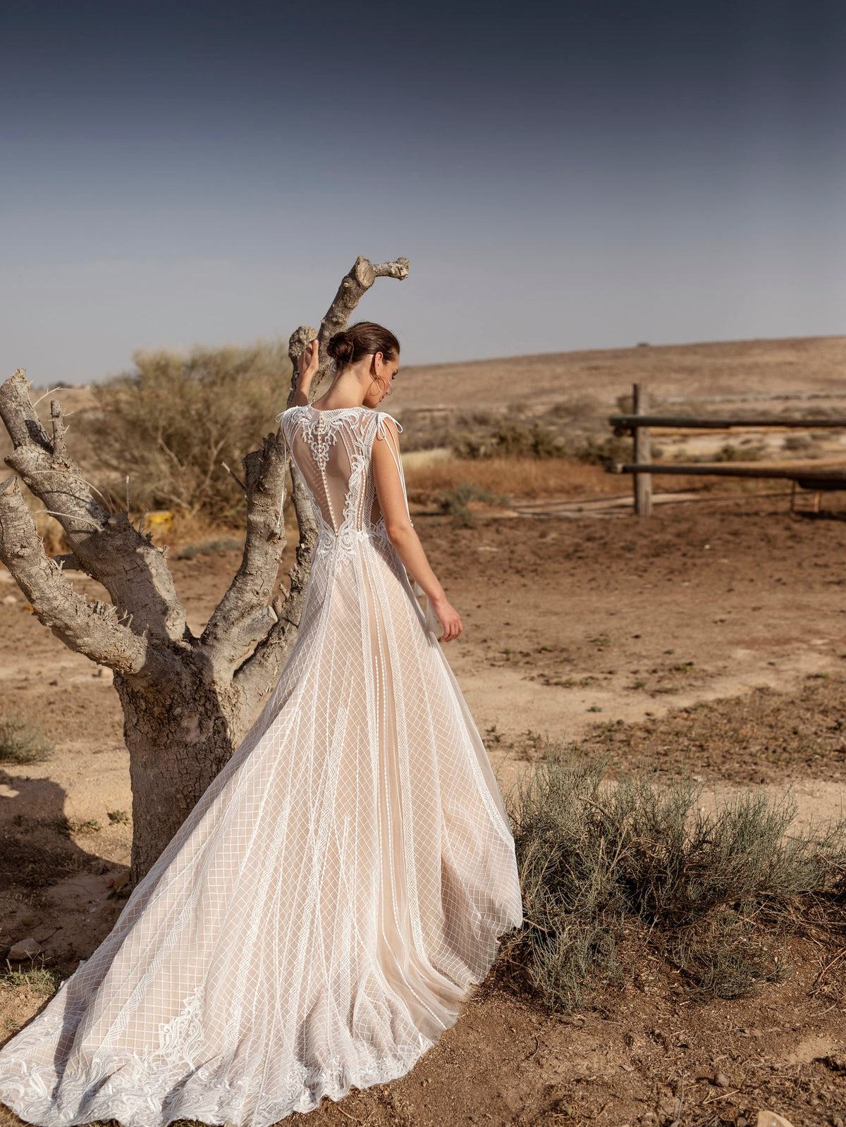 Boho ALine Ivory Lace Wedding Dress Tassel Sheer Illusion Bodice Sleeveless High Neckline Wedding Dress Buttons boho Style Bridal Gown