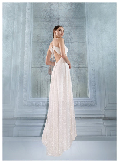 Simple Slip Style Sparkle Sleeveless Spaghetti Strap Open Back Sheath Wedding Dress Bridal Gown