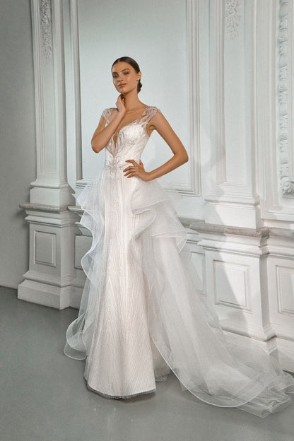 Stunning Form Fitting Fit and Flare V Neckline Sparkle Short Cap Sleeve Wedding Dress Bridal Gown Detachable Ruffle Train