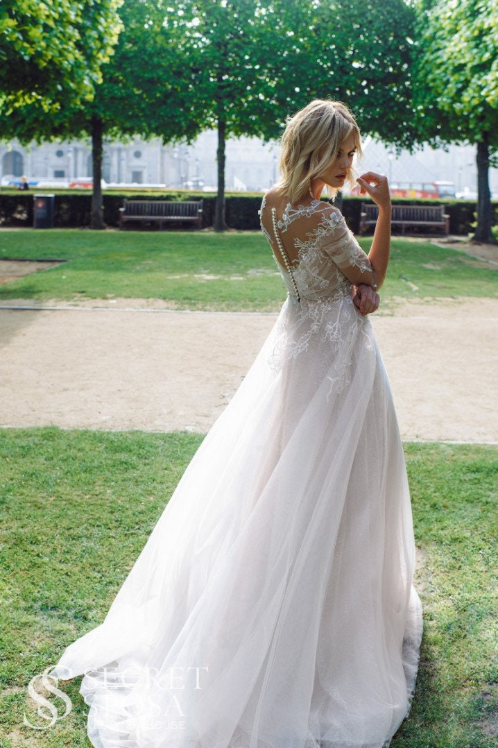 Beautiful ALine Illusion Lace V Neckline Wedding Dress Bridal Gown with Train and 3/4 Sleeves