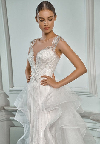 Stunning Form Fitting Fit and Flare V Neckline Sparkle Short Cap Sleeve Wedding Dress Bridal Gown Detachable Ruffle Train