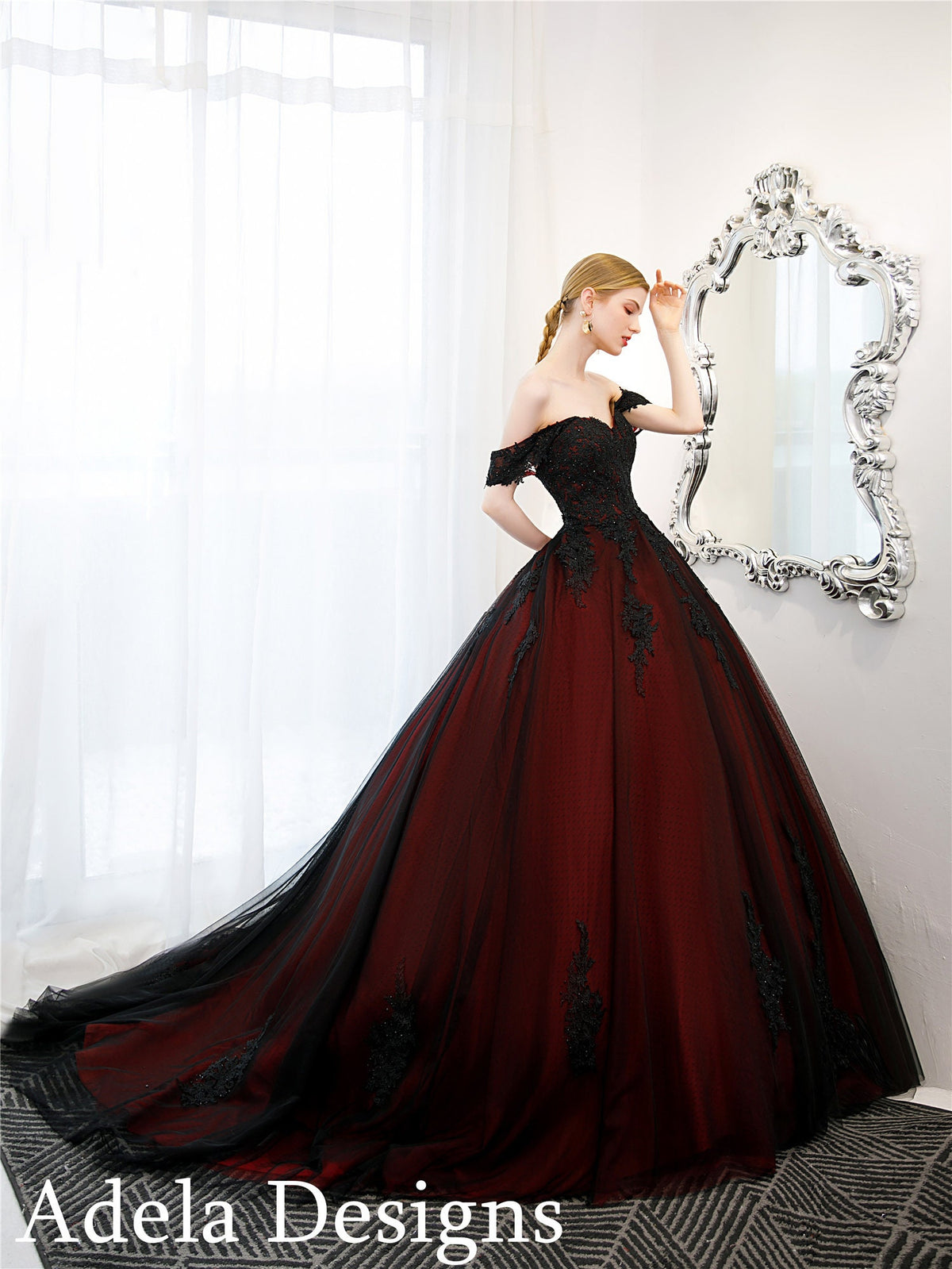 Black And Dark Red Ball Gown Gothic Wedding Dress Bridal Off The Shoulder Lace Bare Shoulders Open Back Ballgown
