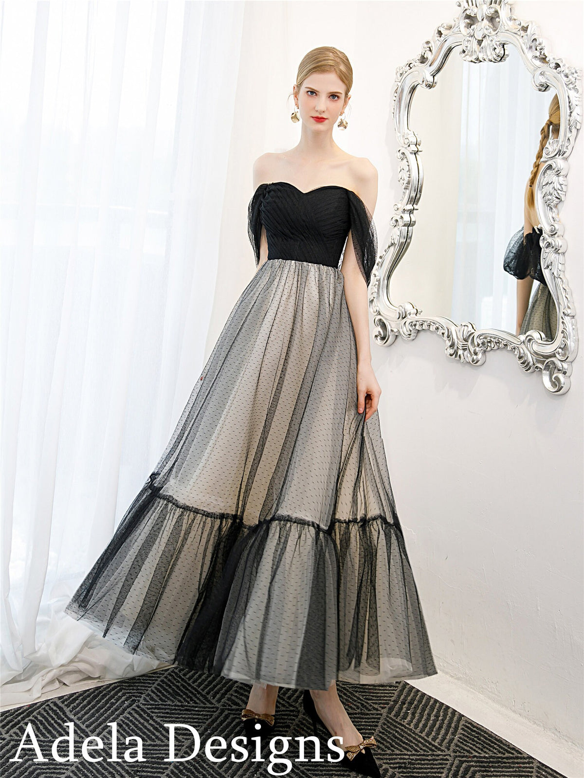 Aline Vintage Style Gothic Black Champagne Ankle Length Wedding Dress Bridal Gown Formal Open Back Off the Shoulder Sweetheart Neckline