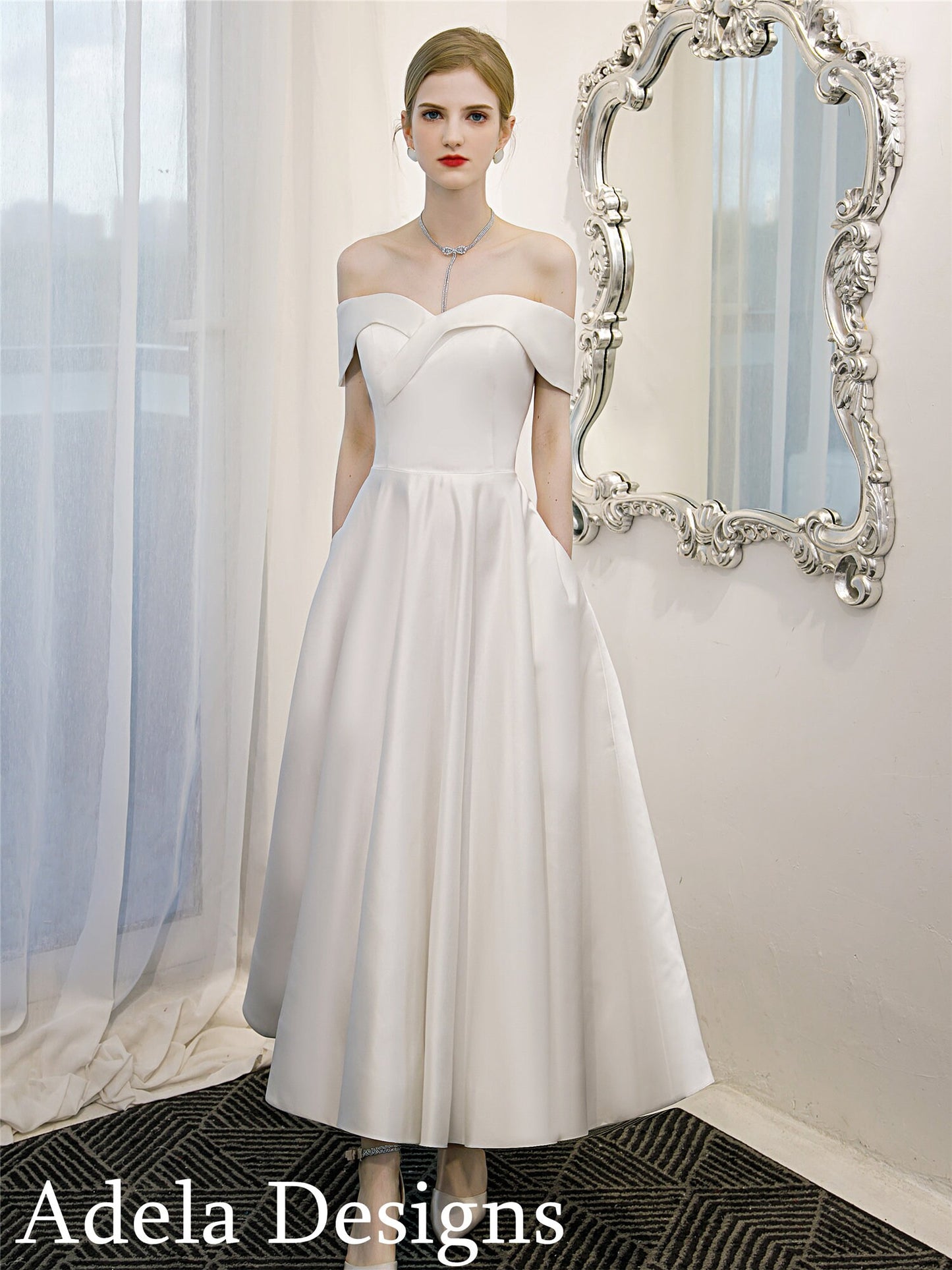 Vintage Ankle Length Satin Off The Shoulder Wedding Dress Bridal Gown Classic Minimalist with Pockets