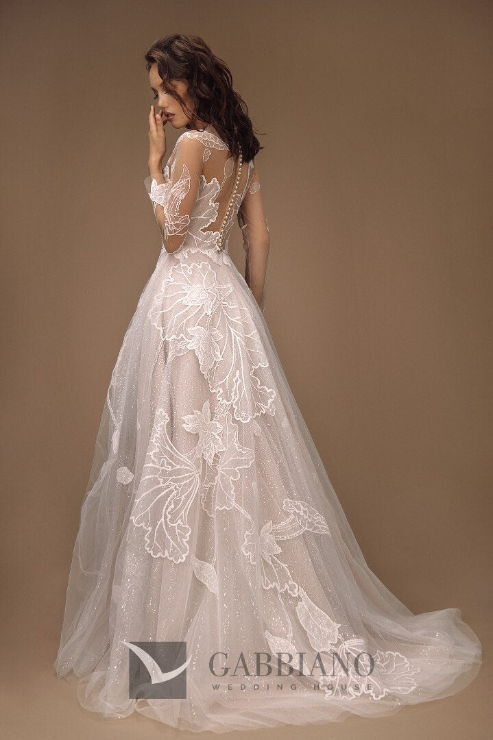 Beautiful Lace ALine Illusion Split Neckline Wedding Dress Bridal Gown with Train and 3/4 Sleeves Sparkle