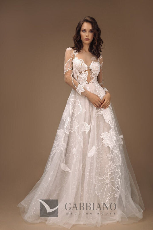 Beautiful Lace ALine Illusion Split Neckline Wedding Dress Bridal Gown with Train and 3/4 Sleeves Sparkle