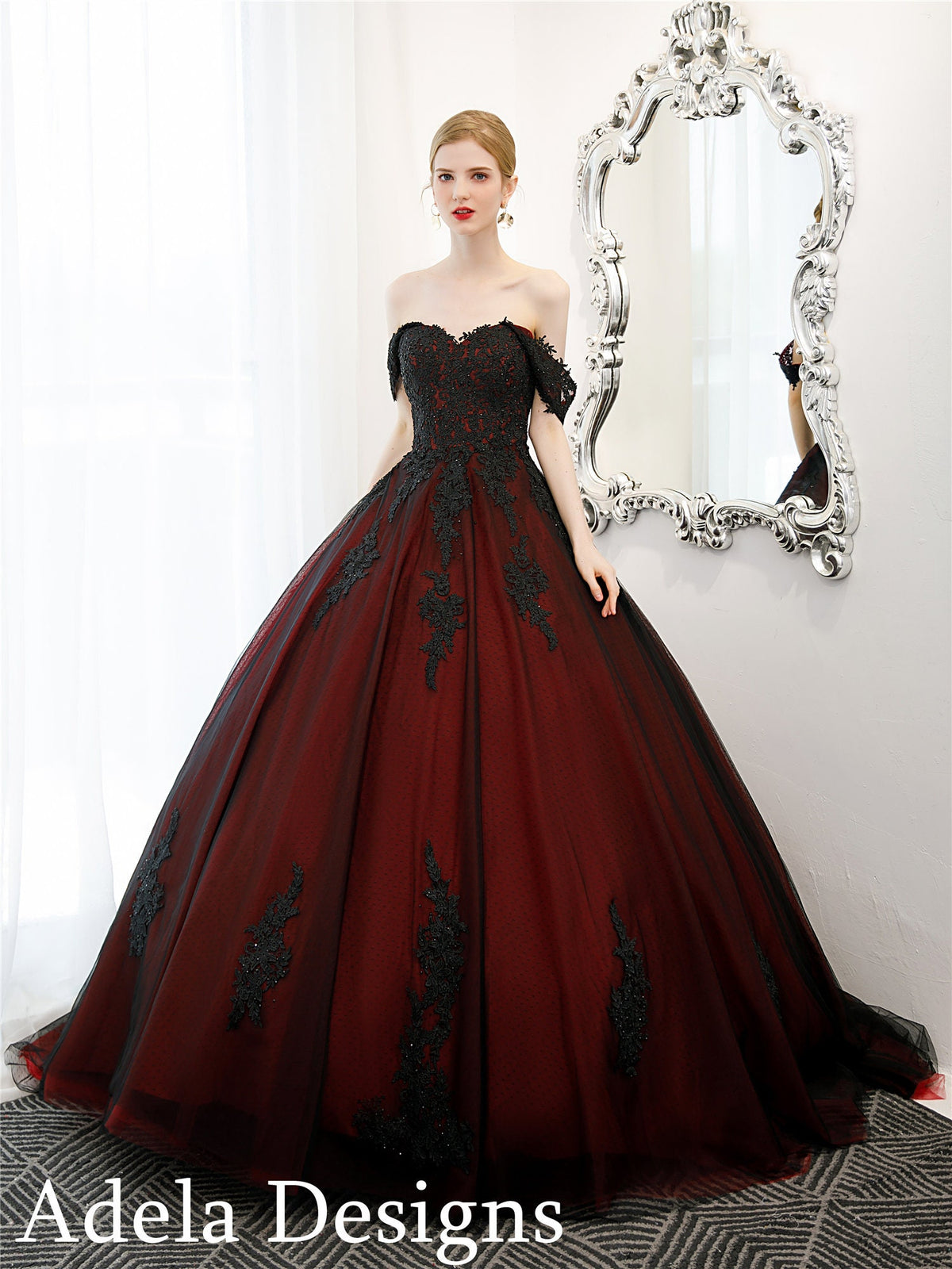 Black And Dark Red Ball Gown Gothic Wedding Dress Bridal Off The Shoulder Lace Bare Shoulders Open Back Ballgown