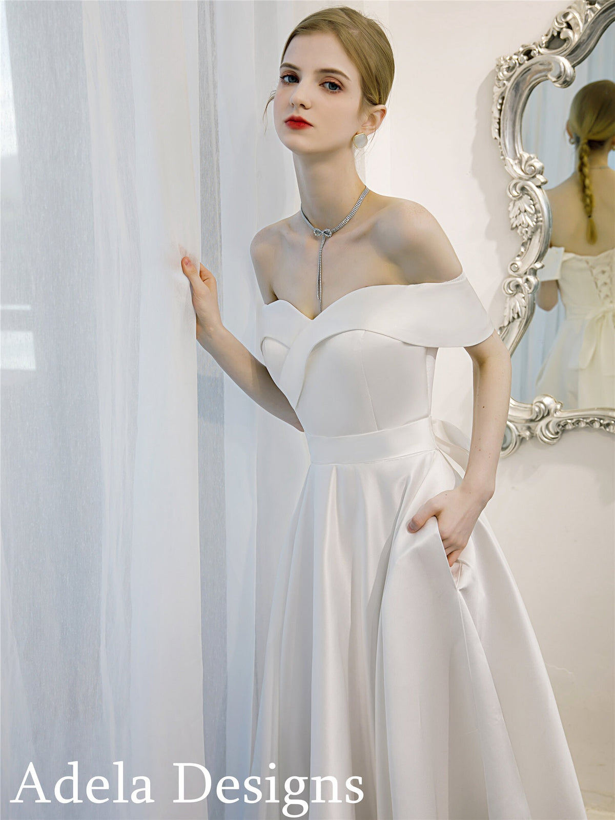 Vintage Ankle Length Satin Off The Shoulder Wedding Dress Bridal Gown Classic Minimalist with Pockets