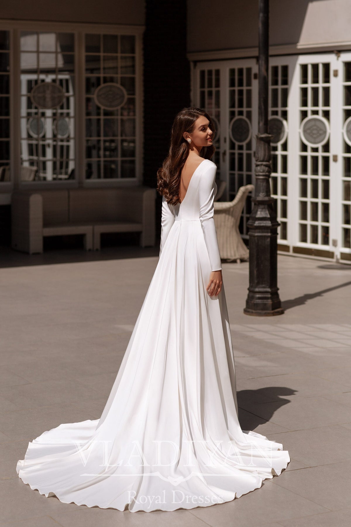 Classic Satin Luxury Wedding Dress Bridal Gown Long Sleeves V Neckline Open Back with Train Aline Minimalist Simple