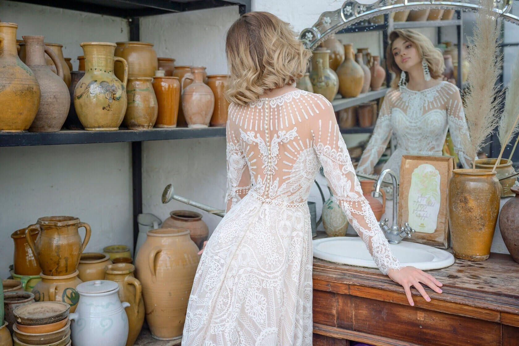 geometric lace tank wedding dress F221005 Alenon Lace Fit and Flare Wedding Gown with Geometric Lace Waistband Trim