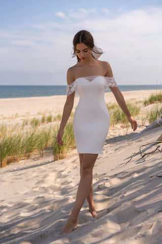 Minimalist Simple Short Pencil Skirt ALine Over Dress Sweetheart Neckline Off White Wedding Dress Bridal Gown Crepe Lace