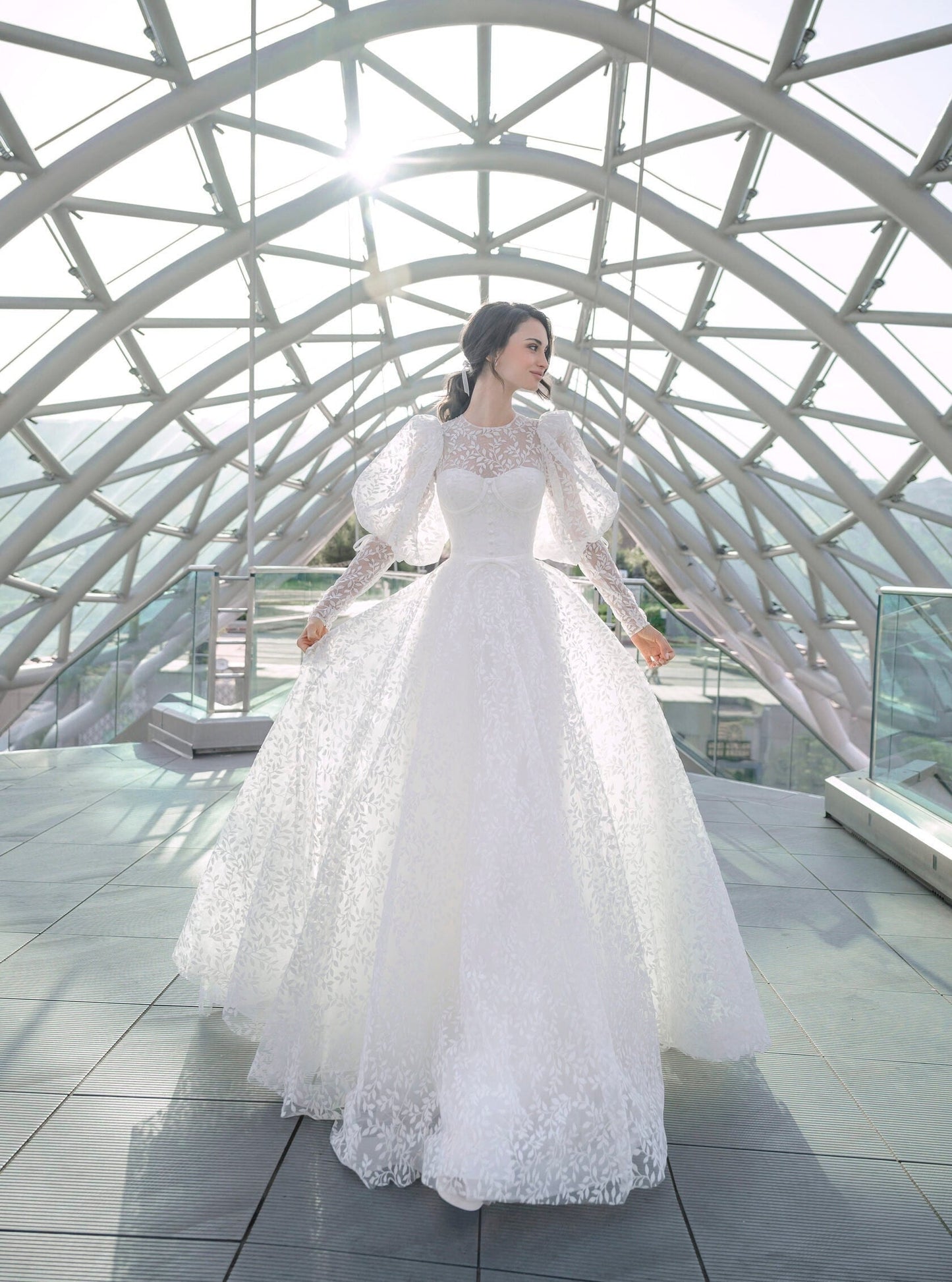 All Over Lace A-Line Long Puff Sleeves with Cuff Wedding Dress Bridal Gown Floral Vines and Leaves Covered Back Sweetheart