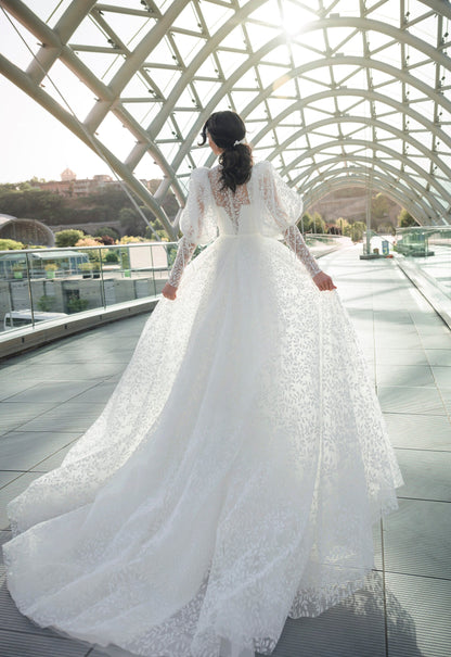 All Over Lace A-Line Long Puff Sleeves with Cuff Wedding Dress Bridal Gown Floral Vines and Leaves Covered Back Sweetheart