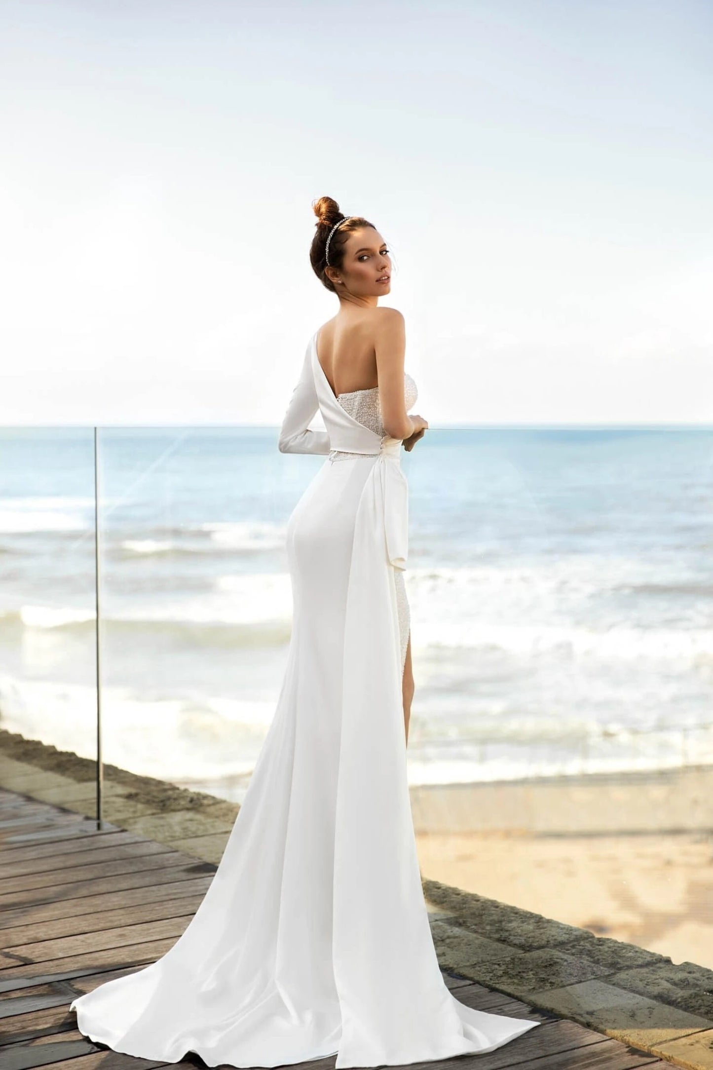 Fitted Asymmetrical Sheath One Shoulder Wedding Dress Bridal Gown Ivory Stretch Satin Beaded High Leg Split Evening