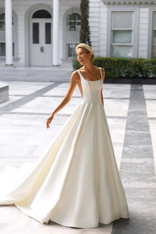 Beautiful Mikado Minimalist Wedding Dress Bridal Gown Sleeveless Square Neckline with Thin Straps Open Back Aline with Train