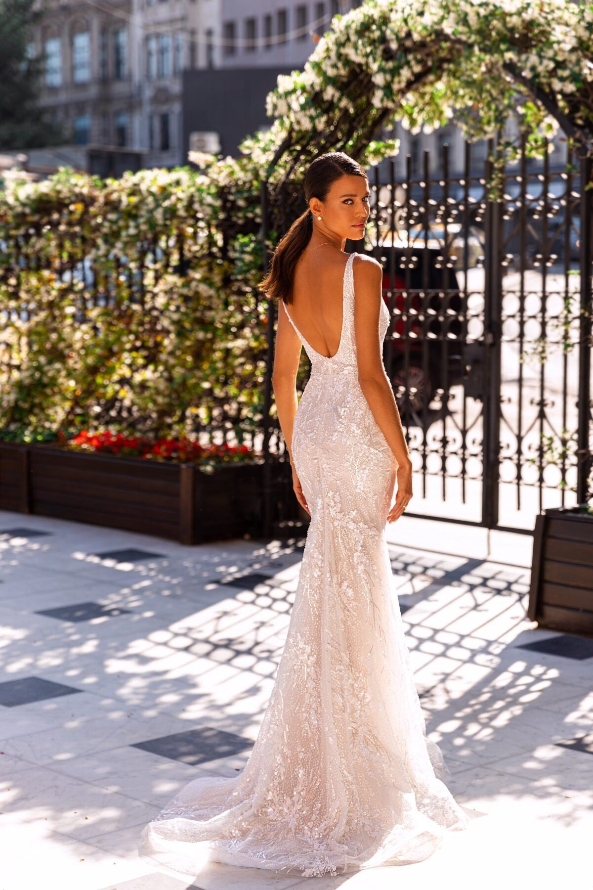 Fit and Flare Sleeveless Deep V Neckline Open Back with Detachable Skirt Wedding Dress Bridal Gown Sparkle Lace