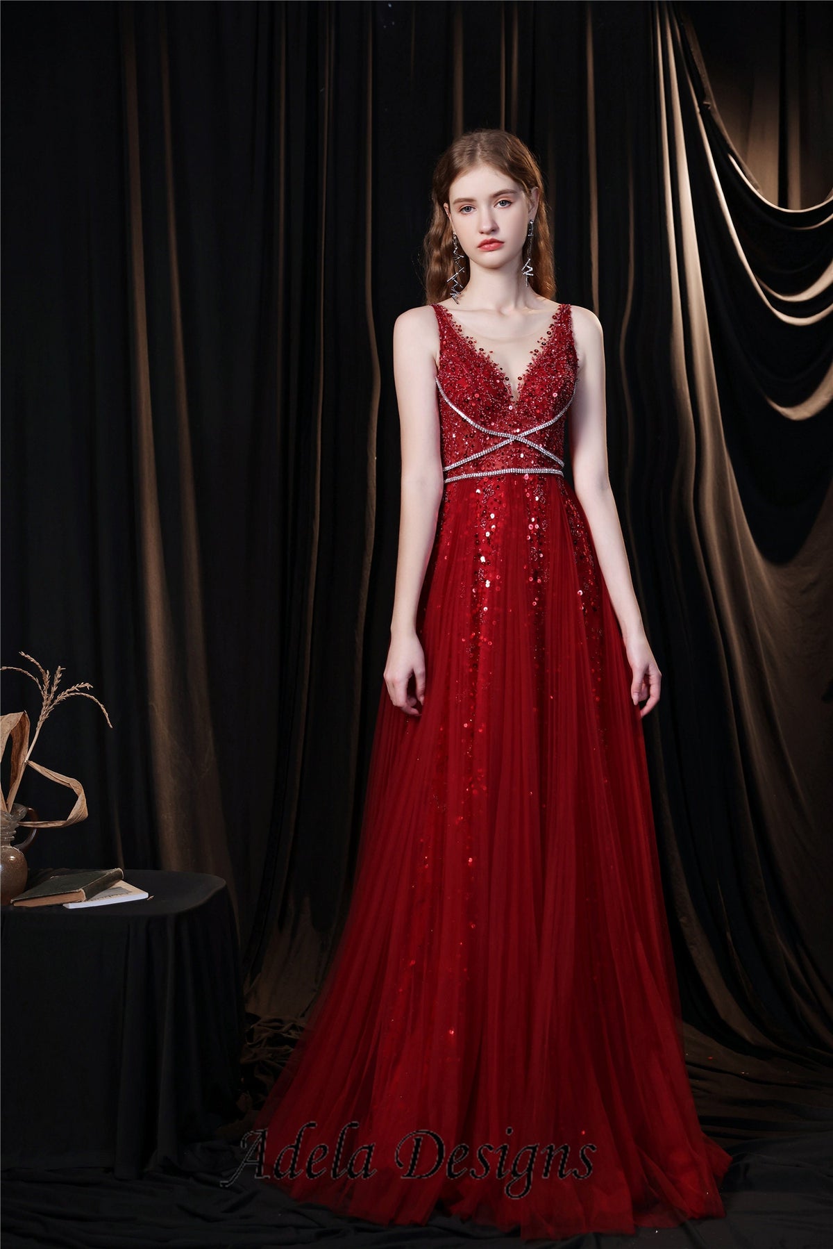 Dark Red Heavily Beading Tulle Aline Sleeveless V Neck Open Back Wedding Dress Bridal Gown Formal with Cape Feathers Sample In Stock