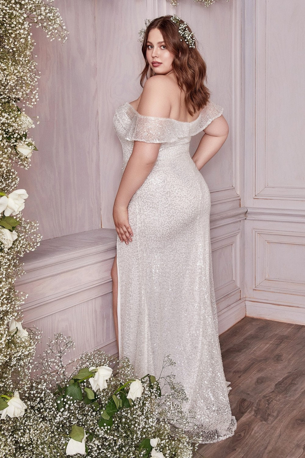 Glistening Sequin Embellished Wedding Dress Bridal Gown Fit and Flare Figure Slimming Sweetheart Bodice with Split Off the Shoulder Sleeves
