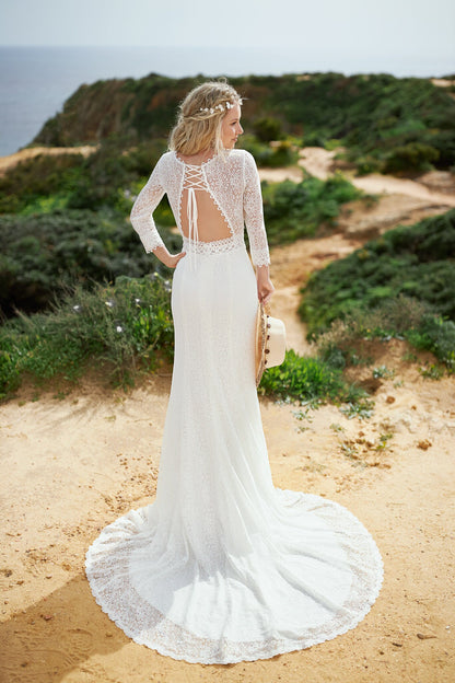 Boho Vintage Style Beach All Over Lace 3/4 Sleeve V Neckline Open Back Sheath Simple Wedding Dress Bridal Gown with Train