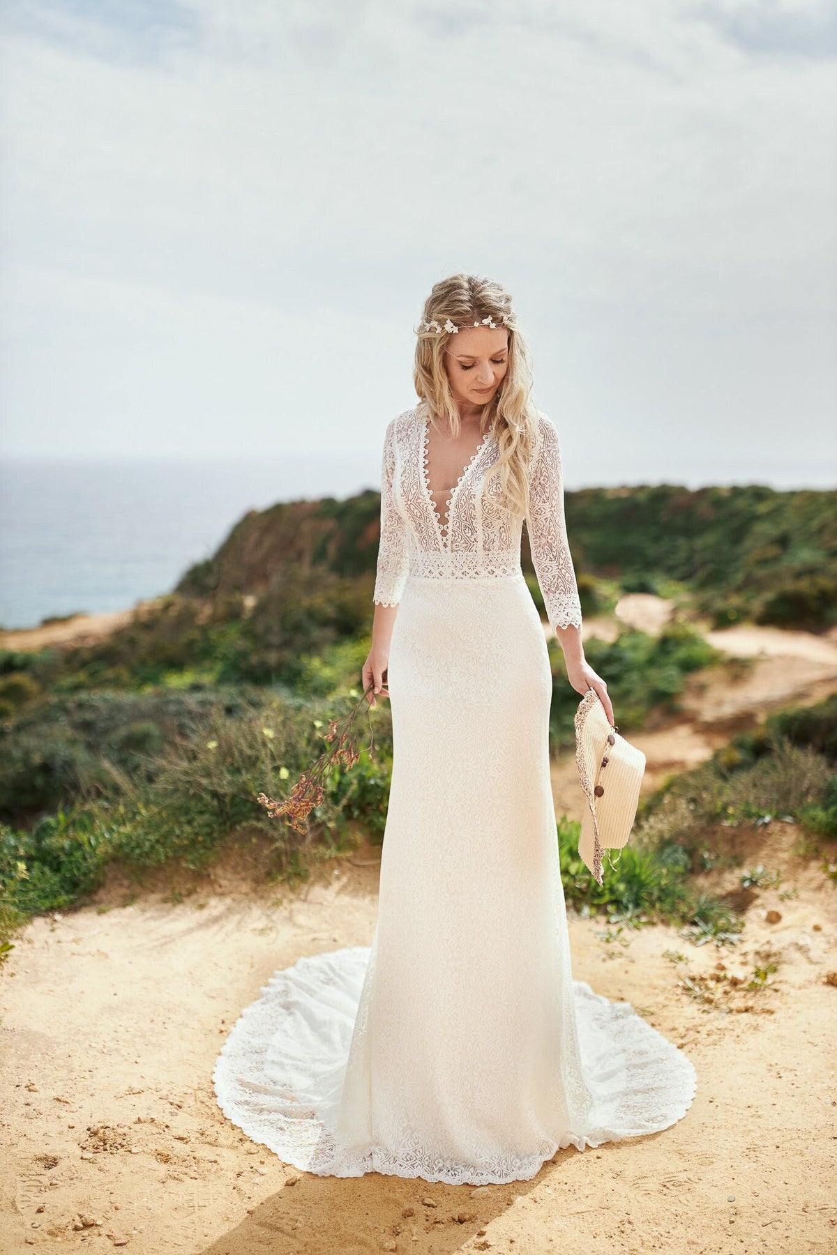 Boho Vintage Style Beach All Over Lace 3/4 Sleeve V Neckline Open Back Sheath Simple Wedding Dress Bridal Gown with Train