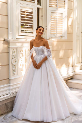 Beautiful Unique Detachable Off the Shoulder Goddess Sleeves Sleeveless Simple Classic Wedding Dress Bridal Gown Aline Open Back