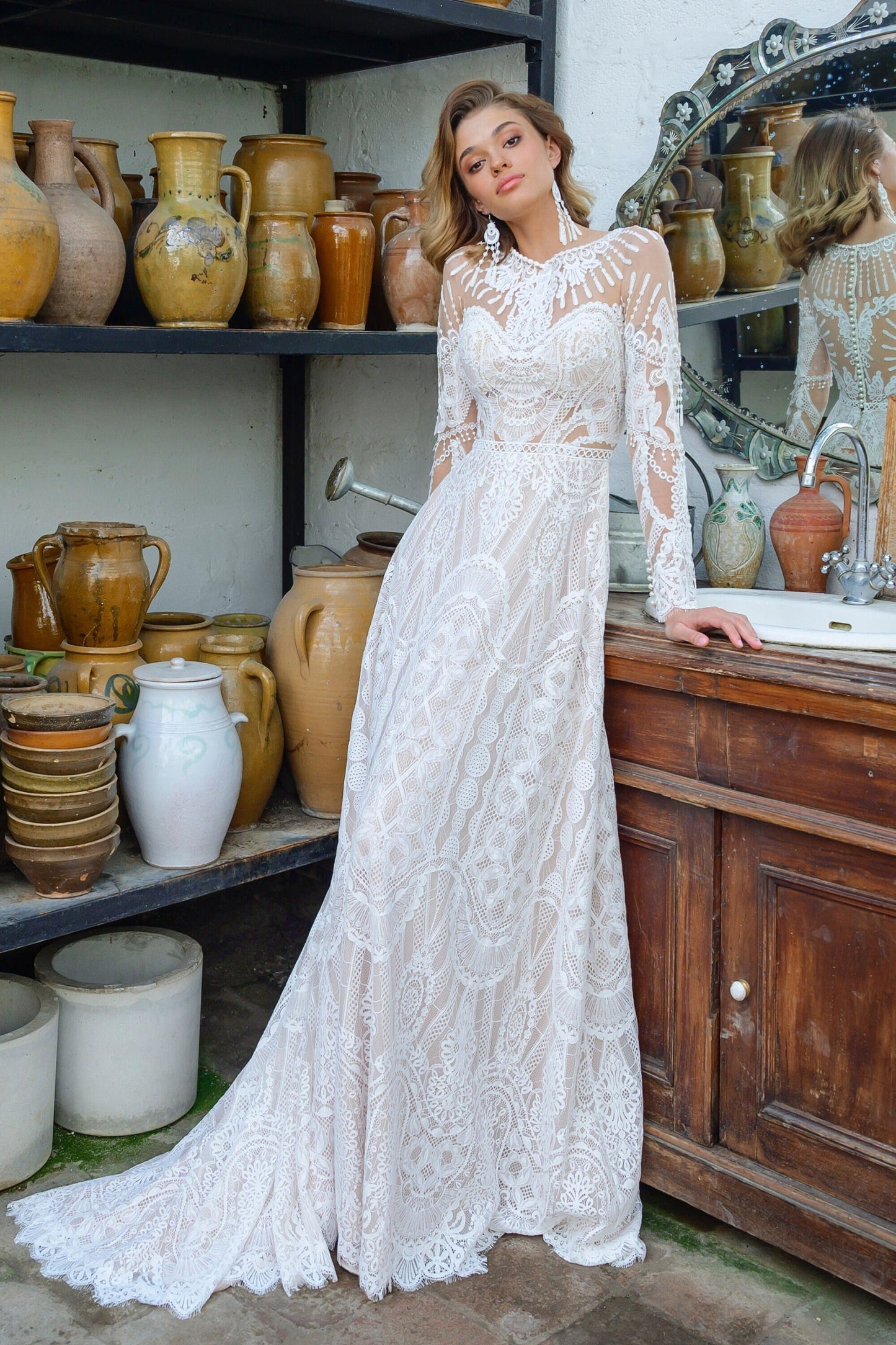 geometric lace tank wedding dress Geometric Lace Boho Wedding Dress with Column Silhouette