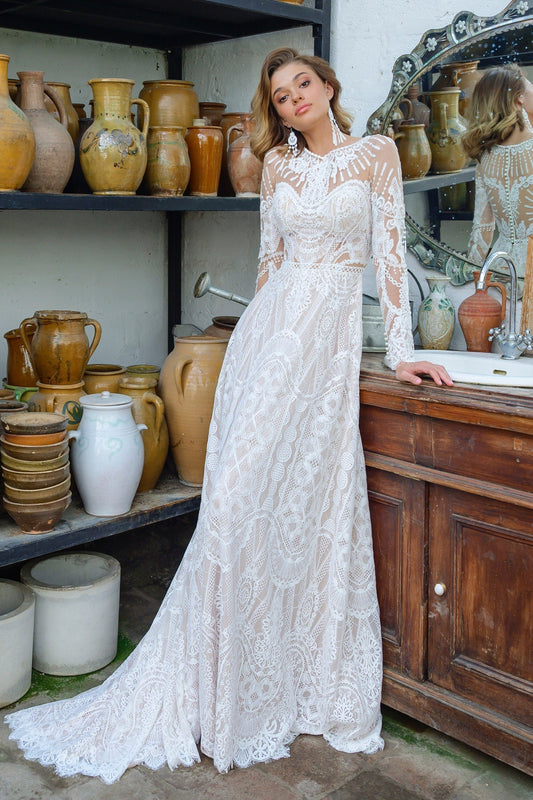 All Over Geometric Lace ALine Long Sleeve Illusion Bodice Unique Wedding Dress Bridal Gown Boho Style Short Train Illusion Top