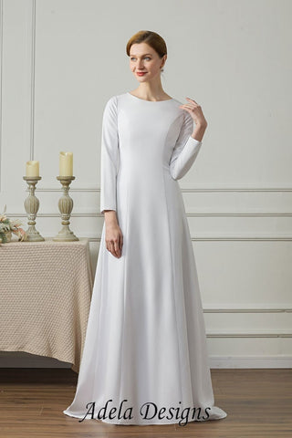 Modest Minimalist High Neckline Covered Back Crepe Plain Long Sleeve Wedding Dress Bridal Gown Simple Aline LDS Temple Dress