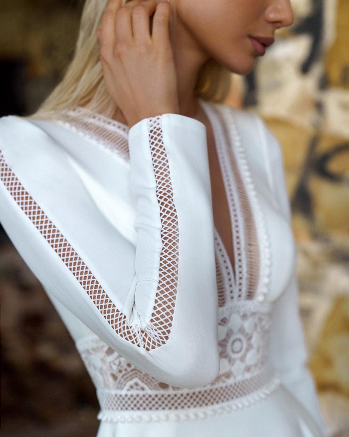 Minimalist Boho Aline Long Sleeve V Neckline Modest Closed Covered Back Lace Crepe Wedding Dress Bridal Gown