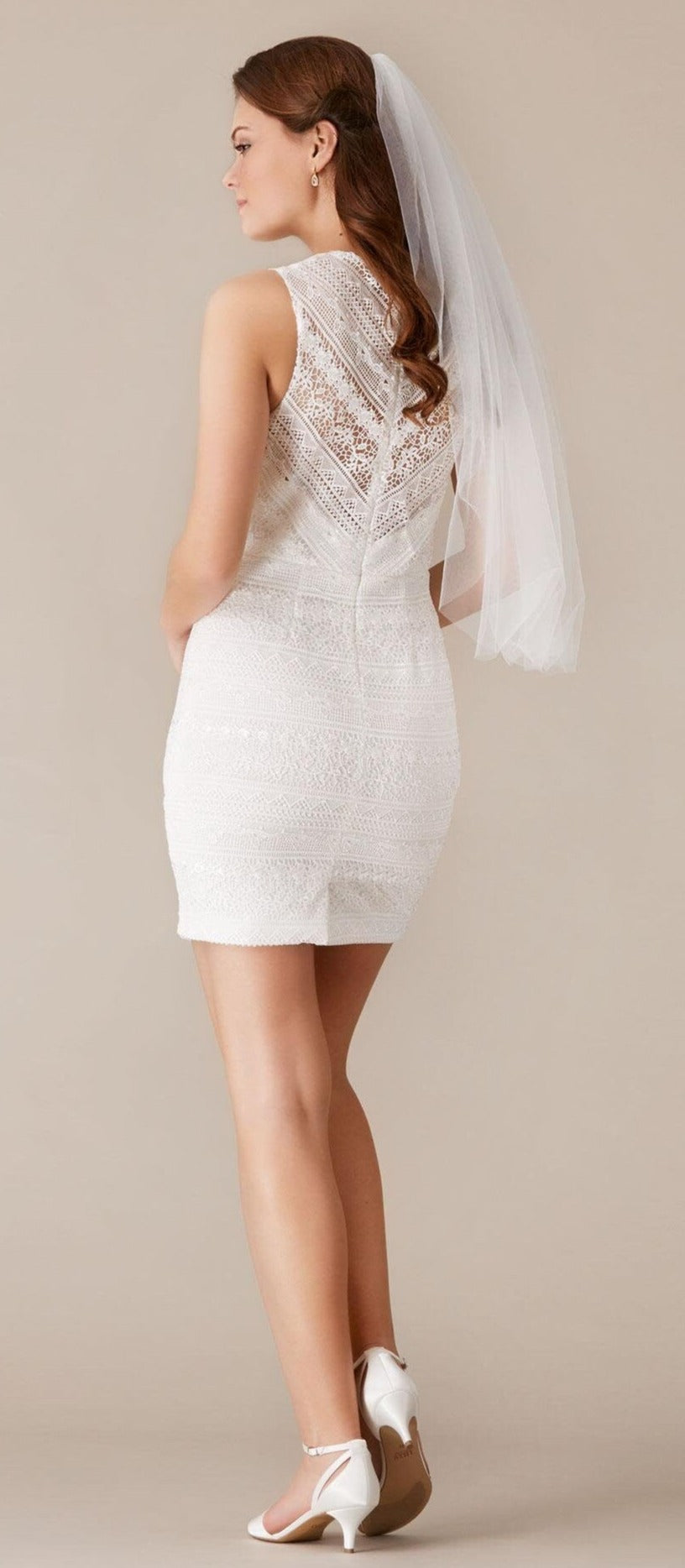 Fitted Pencil Skirt Short Above the Knee Midi Sleeveless Wedding Dress Bridal Gown All Over Lace Midi Sample
