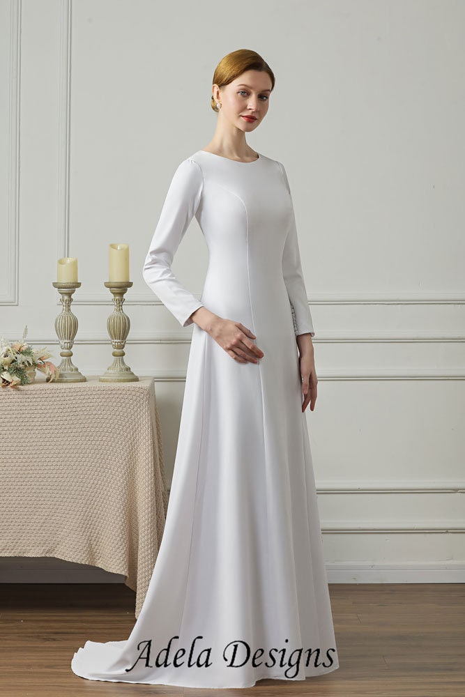 Modest Minimalist High Neckline Covered Back Crepe Plain Long Sleeve Wedding Dress Bridal Gown Simple Aline LDS Temple Dress