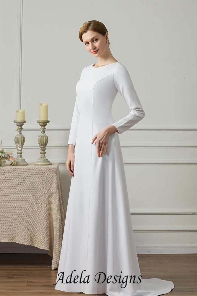 Modest Minimalist High Neckline Covered Back Crepe Plain Long Sleeve Wedding Dress Bridal Gown Simple Aline LDS Temple Dress