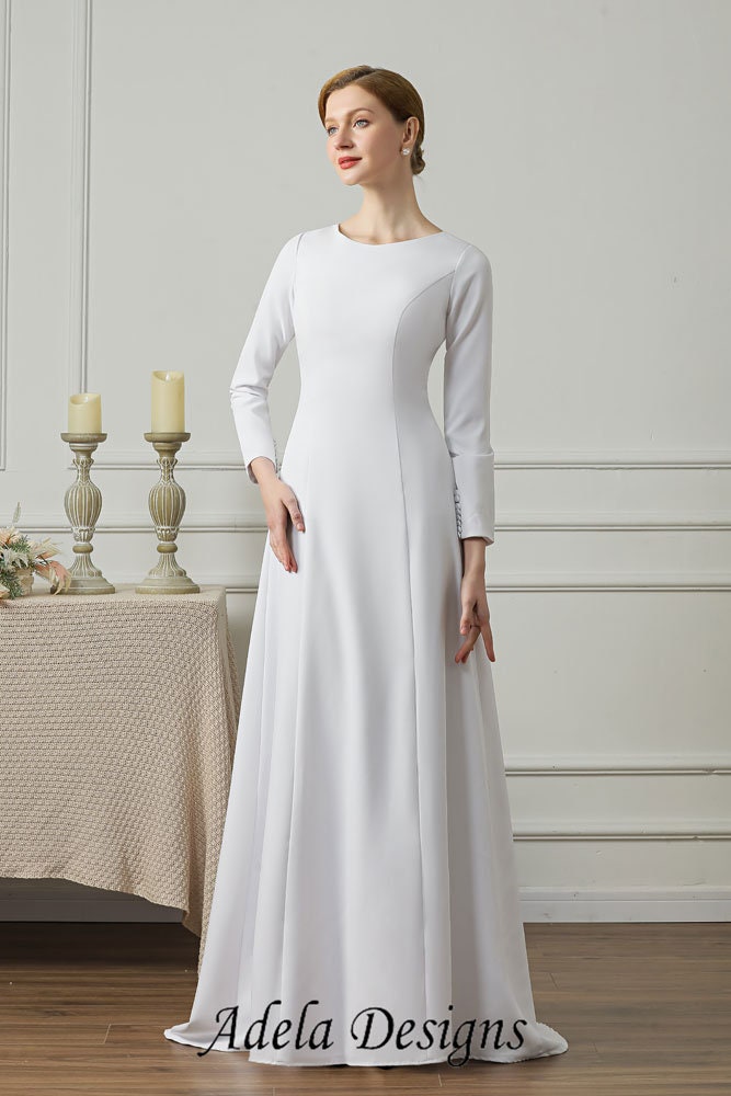 Modest Minimalist High Neckline Covered Back Crepe Plain Long Sleeve Wedding Dress Bridal Gown Simple Aline LDS Temple Dress