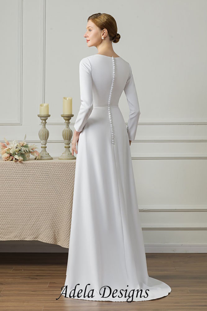 Modest Minimalist High Neckline Covered Back Crepe Plain Long Sleeve Wedding Dress Bridal Gown Simple Aline LDS Temple Dress